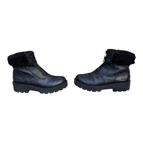 UGG Women’s 9 Czeriesa Black Leather Fur Trim Waterproof Ankle Boots, UGG Boots - Picture 4 of 13